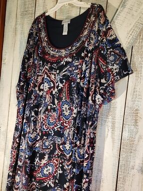 CATHERINES 5X (34/36)  Maxi Dress Paisley Navy With Beaded Collar